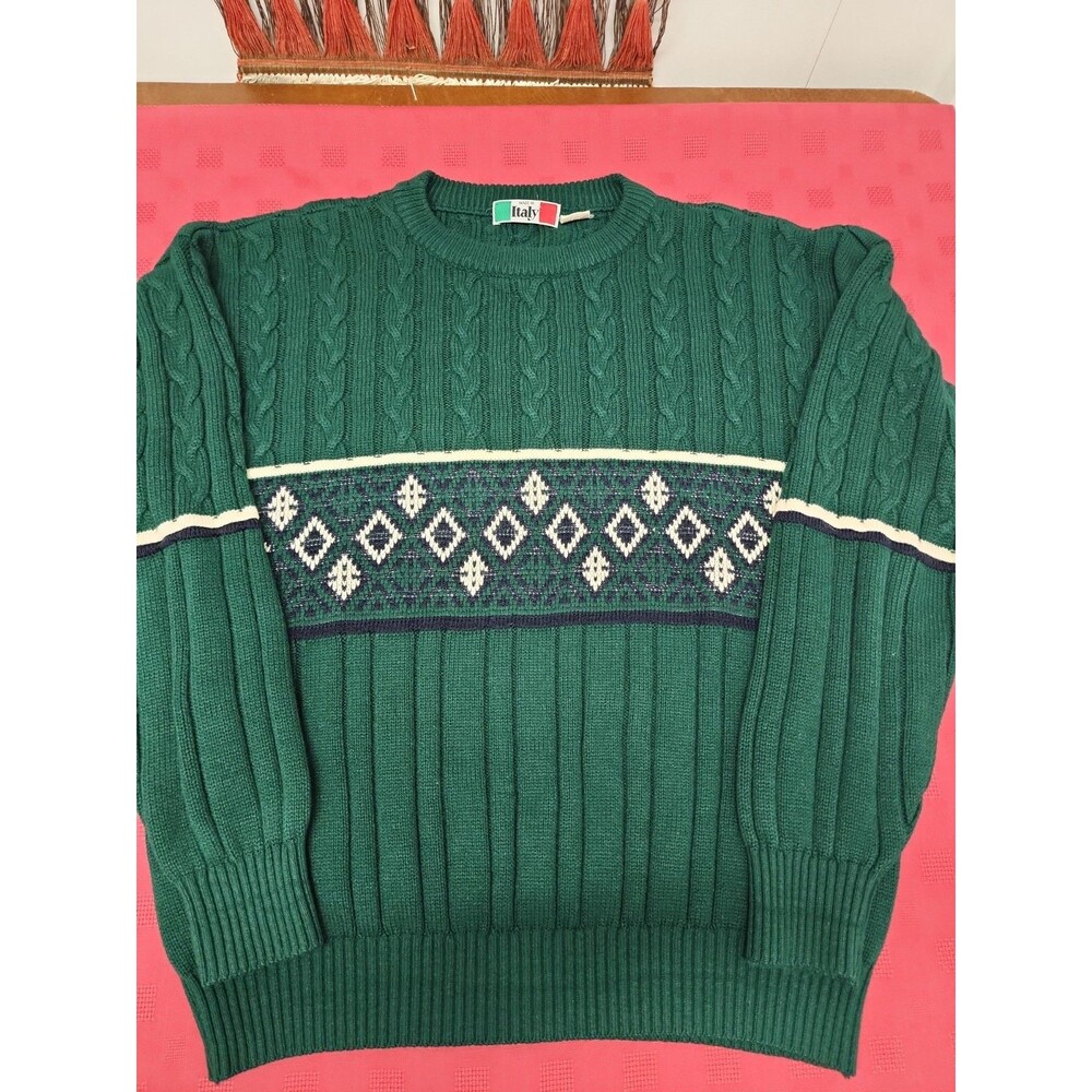 Vintage Fair Isle Style Mens Sweater Green Size Lg Made In Italy 1990s